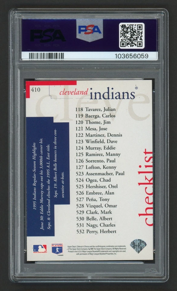 1996 COLLECTOR'S CHOICE KENNY LOFTON #410 CHECKLIST CLEVELAND INDIANS PSA 7 NM - Image 3 of 3