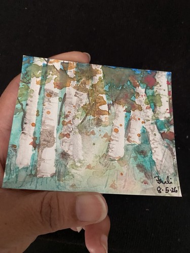 ACEO Original Art Tiny ATC Card Watercolor Painting Birch Trees Forest Signed