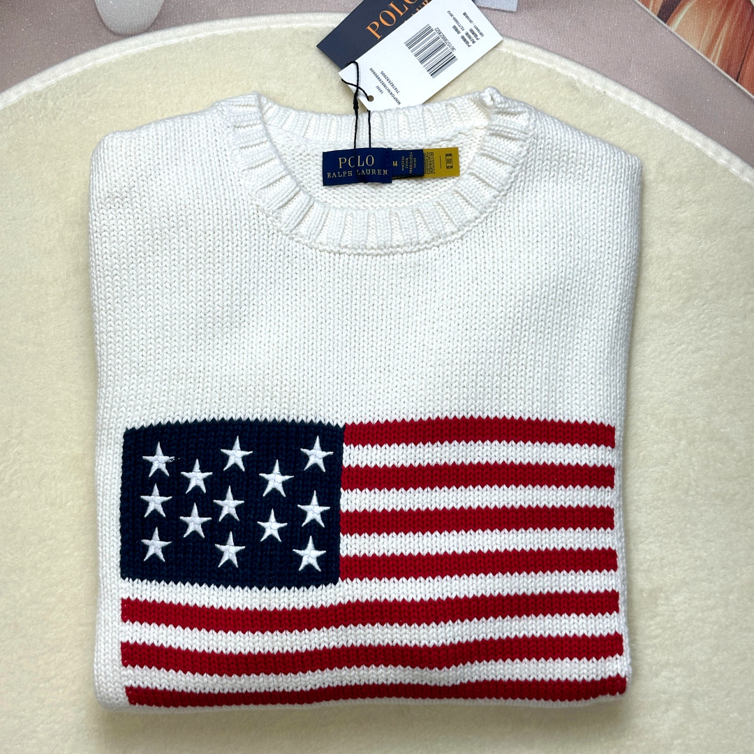 POLO RALPH LAUREN White American Flag Cotton Sweater Women Medium NWT