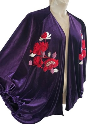 NEW Natori Purple Velvet Poncho Red Floral Embroidered 2X 3X Cape Cardigan NWT