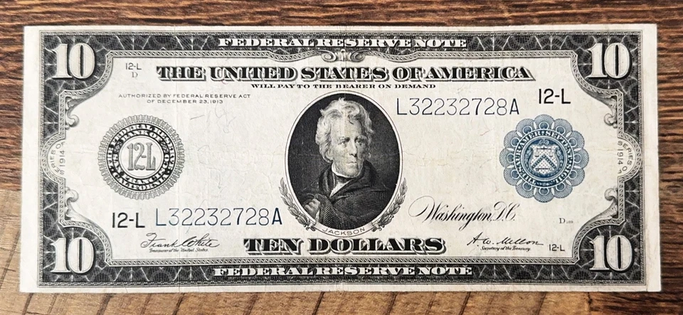 1914 $10 Federal Reserve Note Fr.951a San Francisco L-12 Blue Seal White-Mellon - Image 2 of 4