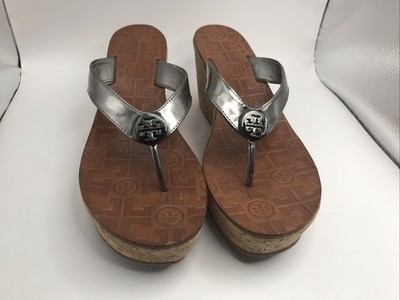 Tory Burch Thora Metallic Silver Wedge Cork Heel Sandals Platform Thong Size 8M