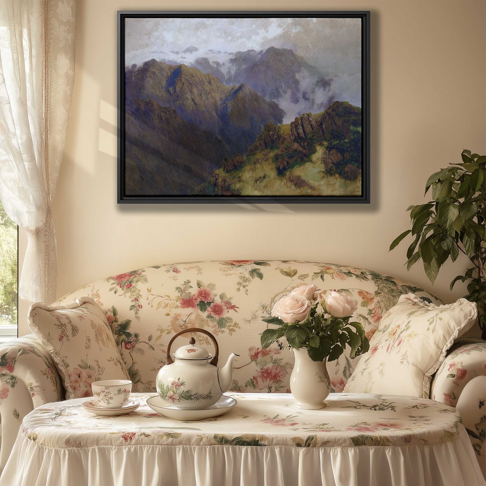 Mountain Landscape Oil Painting Vintage Canvas Print Wall Art Decor Nature Frame