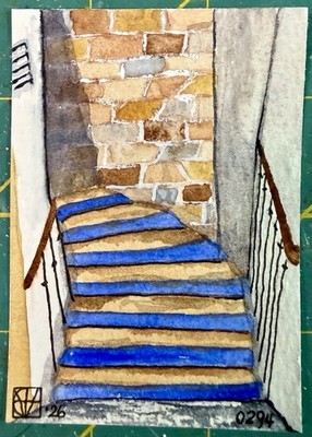 ACEO Painting by M. Hackney Staircase Watercolor & Ink, Signed Original 2.5x3.5''