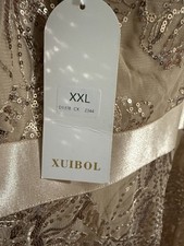 XUIBOL Champagne Sequin Mesh Floral Sleeveless Long Gown Dress XXL V-Neck