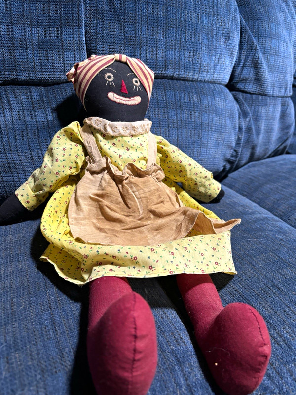 Handmade Rag & Cloth Girl Doll Dark Complexion White Eyes Floral Dress Bonnet