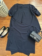 COS Short-Sleeve Navy Blue Midi Dress with Round Neck and Asymmetrical Detail