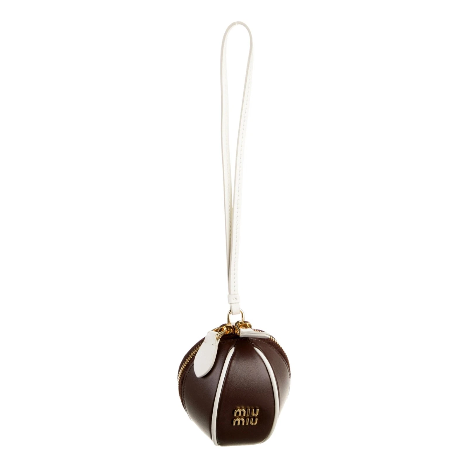 Miu Miu — New Miu Miu Baseball Leather Wristlet Pouch Brown White Gold Logo Zip Clutch