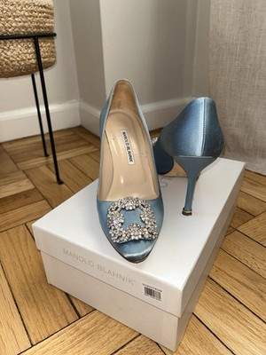 Manolo Blahnik Blue Satin Jeweled Pointed Toe Stiletto Pumps Limited Edition 38