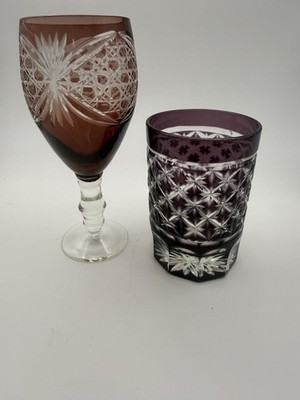 Ruby Cut To Clear Crystal Goblet Tumbler Set Starburst Bohemian Glass