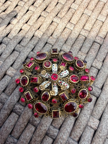 Vintage Czech Style Ruby Red Glass Filigree Brooch Large Enamel Flower Boh