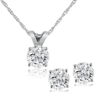 14K Weißgold 1,00 ct Diamant Anhänger und Ohrring mit 18'' Kette besetzt