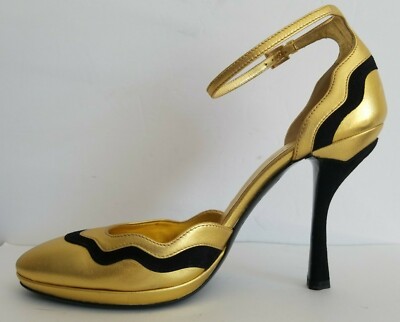PRADA RARE Gold Black Ankle WAVE Unique MARY JANE Pumps EU 39.5 I