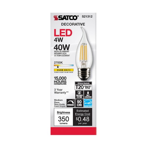 Pack LED Filament Chandelier Flame 120V 4W 40W CA11 Medium E26 2700K Warm White - Picture 6 of 12
