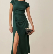 Reformation Frasier Midi Dress 2 Forest Green Leg Slit Short Sleeve Side Button