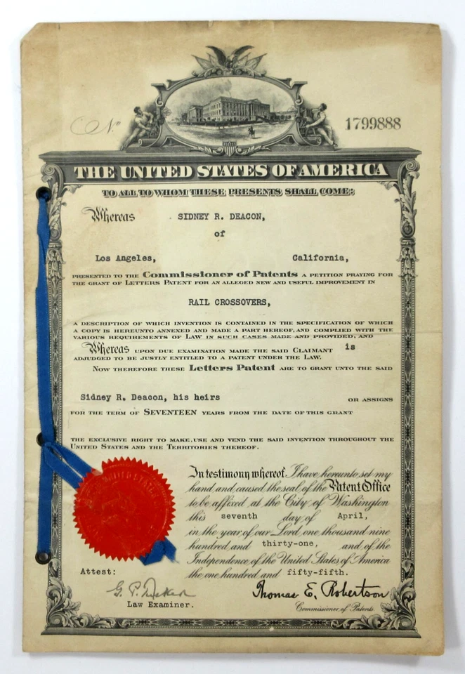 US Patent Office Certificate Railroad Track Crossover Photo Sidney Deacon 1931 - Image 2 of 4