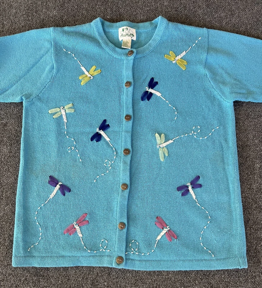The Quacker Factory Womens VTG Cardigan Sweater Blue Embroidered Dragon Fly  - Image 2 of 4