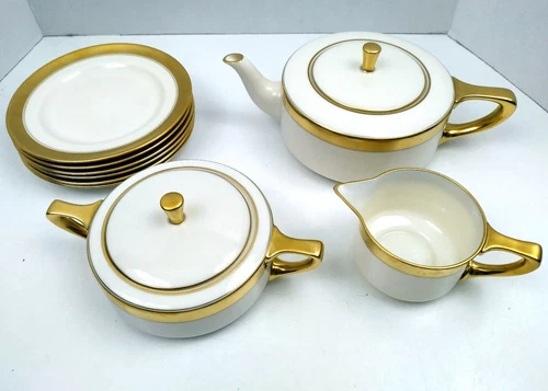 Lenox Pattern 86 1/2 Tea Set 1920s Teapot Creamer Sugar Bowl 6 - 6" Snack Plates