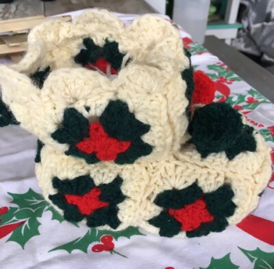 Vintage Handmade GRANNY SQUARE Crochet Stocking Bootie Sock Boot Pom Pom RETRO