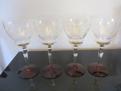 Set 4 Antique Vintage Elegant Etched Floral Glass Optic Panel Ruby Wine Goblets 