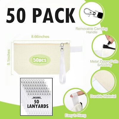 50 PACK! Blank Canvas Cosmetic Bags, Bulk Lot Heat Transfer Sublimation Makeup