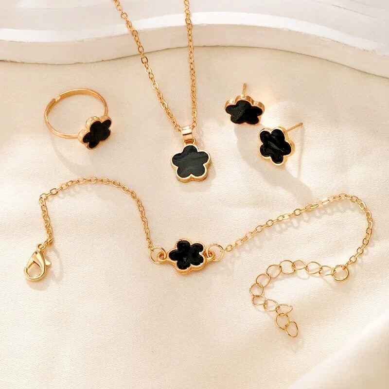 04 pieces set Five-petal Flower Clover Earrings Necklace Ring Bracelet