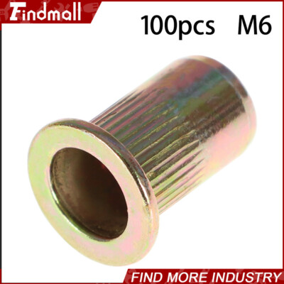 Findmall 100 Pcs M6 Metric Carbon Steel Rivet Nut Flat Head Threaded Insert Nuts