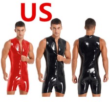 Mens Jumpsuits Latex PVC Leather Slim Fit Sleeveless Zipper Leotard Clubwear