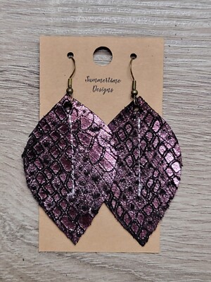 Handmade GENUINE Leather Feather Earrings Black Suede W/ Pink Metallic Python 2''