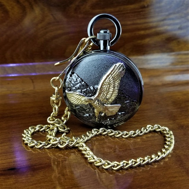 Vintage BENRUS Gold & Black Gunmetal 3D Embossed Eagle Pocket Watch