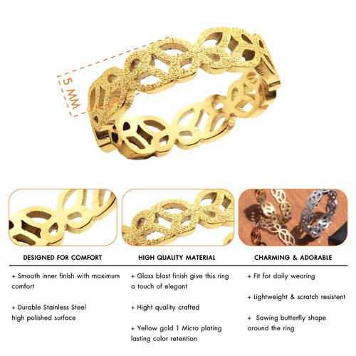 555Schmuck Damen glitzernd Edelstahl filigran Schmetterling Ausschnitt Band Ringe - Bild 10 von 12