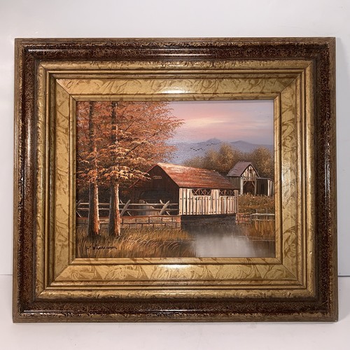 K Michaelson Grist Mill Covered Bridge Fall Oil Painting Signed Framed VTG 14X16
