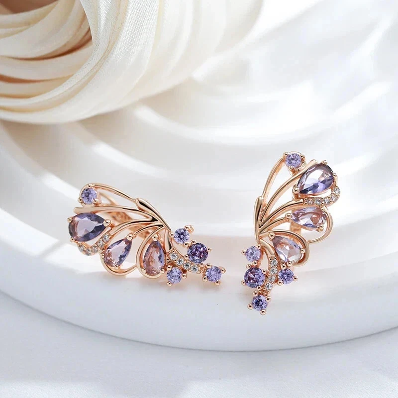 2Ct Pear Cut Lab-Created Amethyst Butterfly Hoop Earrings 14K Rose Gold Plated - Image 2 of 4