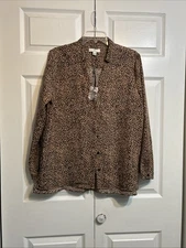 NWOT H Halston Blouse Size L Large Brown Leopard Print Button Down Long Sleeve