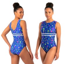 GK Elite 90s Geometric Blue Colorblock Tank Leotard Sparkle Trim Size AL