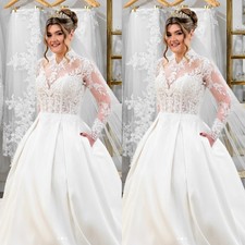 Satin Wedding Dresses with Pockets High Neck Long Sleeves Illusion Bridal Gowns