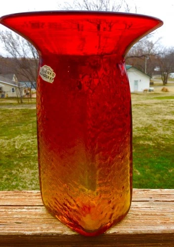 Vintage MCM BLENKO GLASS 6610 Flared textured Vase in TANGERINE by Joel Myers