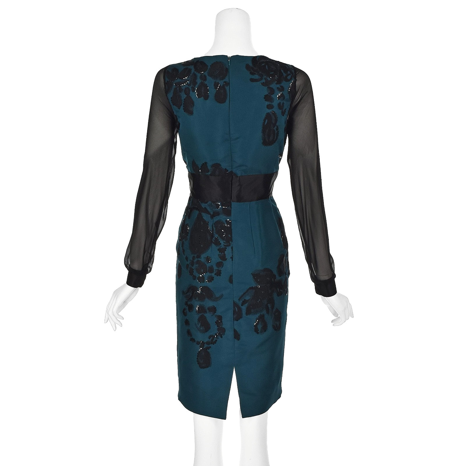 OSCAR DE LA RENTA Teal Silk Embroidered Dress w/Sheer Chiffon Sleeves F2012 SZ 8