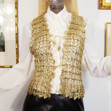 Vintage 70er Jahre Gold H&auml;kel Strick Weste | Metallic Pailletten Lochmuster Boho Gr. S-M