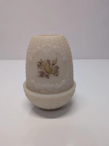 Fenton Custard Hand Painted Basket Weave Glass Fairy Lamp Floral Signed K. Boley