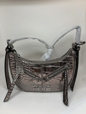 Versace Jeans Couture Metallic Crocodile Leather Shoulder Bag Black Silver NWT