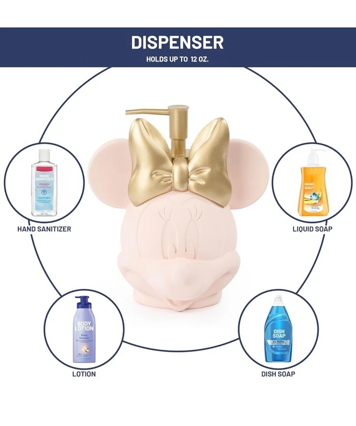 NUEVO DISNEY Rosa Y Oro Repujado Mickey Mouse Jabón Loción Dispensador y Taza Foto 3 de 4