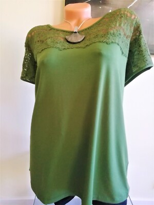 Gr. 46-48 * 50-52 Damen Shirt von MONA Spitzeneinsatz grün 50% Rabatt
