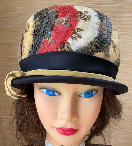 Vintage sz S Multicolored Felted Wool Feather Hat Norm de Plume Henry Pollak