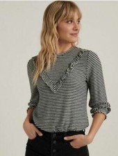 $59.50 Lucky Brand Cloud Jersey Ruffled Top Black White Strip Ruffle V XS