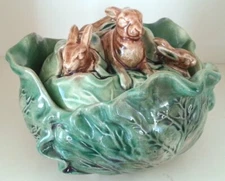 Pretty/Old Majolica RARE & Nice EUREKA Rabbit Cover Bowl w/Cabbage, Circa 1880