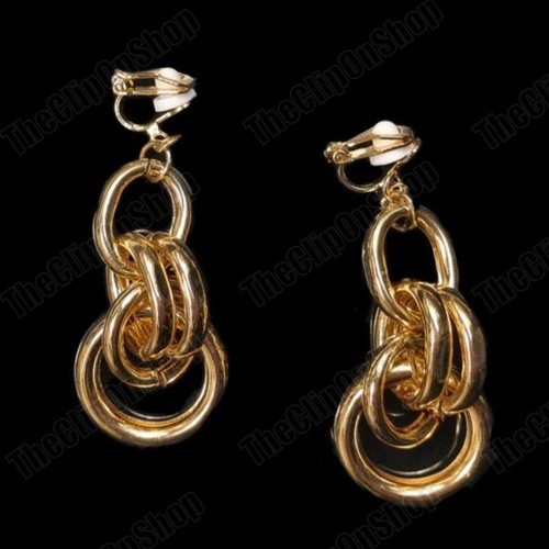 CLIP ON link drop RETRO EARRINGS non-pierced dangle chain links hoops GOLD TONE - Picture 2 of 7