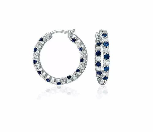 14K White Gold Plated 2Ct Round Lab Created Blue Sapphire Huggie Hoop Earrings - Picture 2 of 8