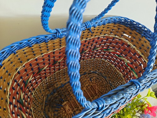 Vintage Woven wicker retro large shopping basket flower handbag storage bag blue - Picture 3 of 5