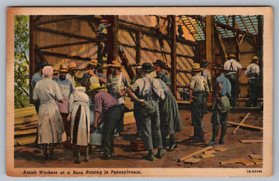 Postcard PA Amish Workers at a Barn Raising in Lancaster, Pennsylvania